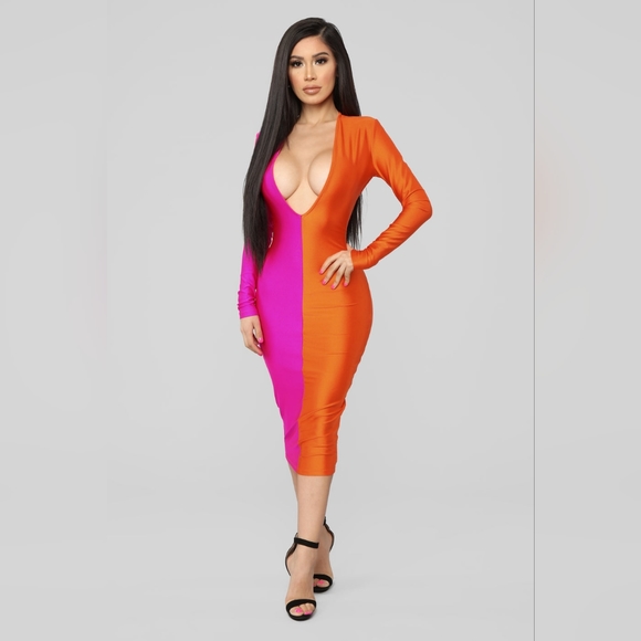 Rainbow Sherbet Midi Dress - Neon Pink and Orange - Picture 2 of 14